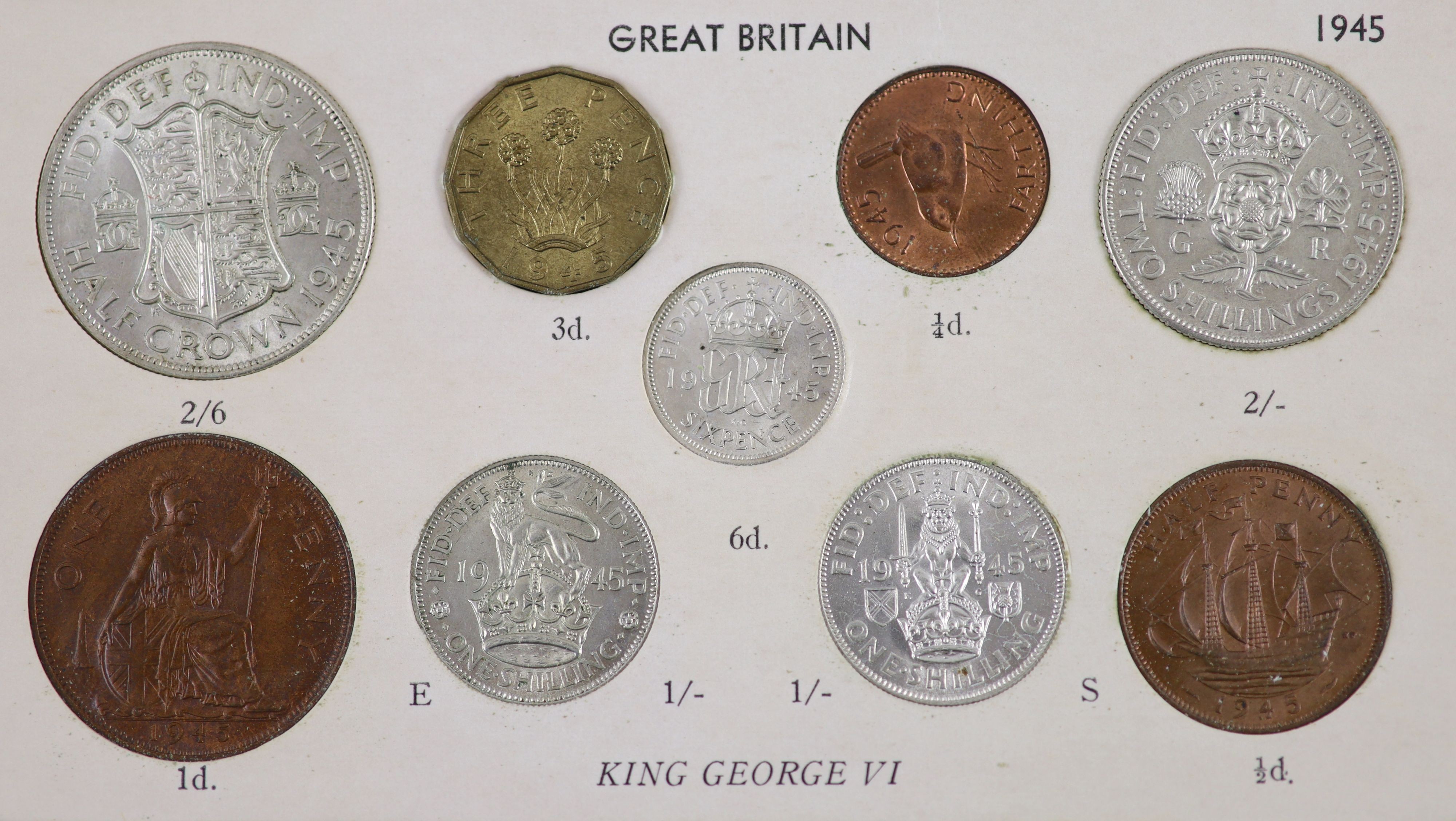 George VI specimen coin sets for 1944 and 1945, including the rare 1944 silver threepence, first coinage, all about EF or better